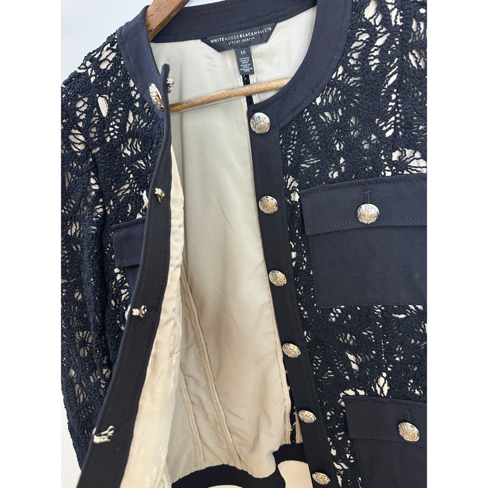 White House Black Market Stylist Jacket Black Floral Lace Crest Button Size 10 - Picture 6 of 12